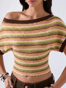 LYSMO Women's Striped Asymmetrical Shoulder Casual Top,Summer Top - Multicolor - View 6