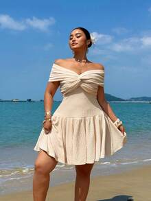 Sunnyshic Vestido ajustado plisado con hombros descubiertos de talla grande - Albaricoque - Ver 3