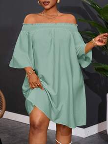Slaydiva Plus Size Women's Off Shoulder Elegant Commute & Vacation A-Line Dress Fall - Green - View 1