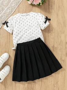 SHEIN Girls Elegant All-Match Versatile Crew Neck Short Sleeve Knit T-Shirt + Woven Pleated Skirt 2-Piece Set - Black - View 4