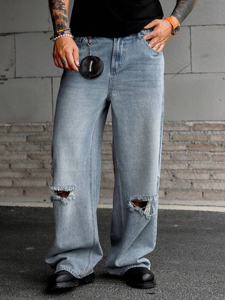 Men's Distressed Long Blue Denim Jeans, Suitable For Spring And Autumn