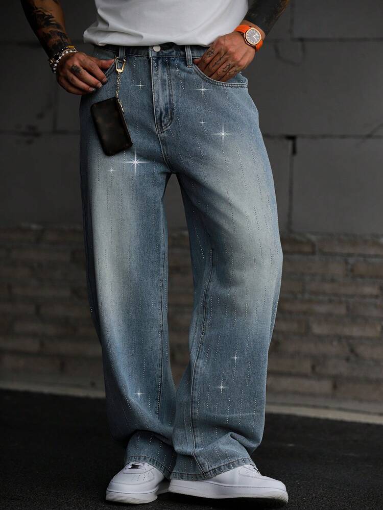 Men's Rhinestone Embellished Casual Jeans, Street Style, Spring & Autumn