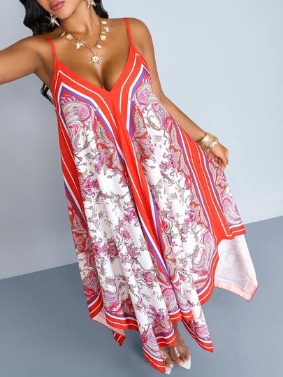 SOLERSUN Plus Size Sexy, Elegant, And Casual Beach Resort Style Dress With Print, Paisley Retro Pattern, And Asymmetric Hem. A Sophisticated, High-End Design For Spring/Summer Women's Fashion, Embodying A "Old Money" Aesthetic.