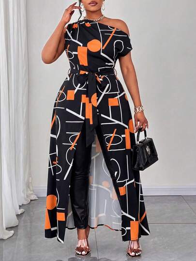 Maweii Plus Size Women's Sleeveless Asymmetric Hem Tie Front Sexy Blouse, Irregular Pattern Casual Vacation Shirt