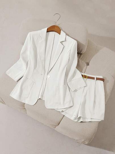 Airaco Elegant White Woven Fabric Two Piece Outfit Women's Blazer With Three Quarter Length Sleeve And Lapel Pocket Shorts Set