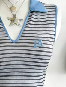 Lalippa 女士休闲条纹字母刺绣背心，夏季 - 淺灰色 - 查看 3