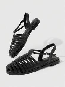 HighSole Closed-Toe Cutout Roman Sandals Breathable Cage Sandals - Black - View 3