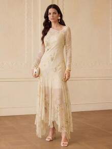 ZEYLAH 女士不对称下摆浪漫长裙，腰部收紧设计，适合春夏穿着 - 杏色 - 查看 7