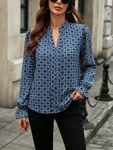 SHEIN Vintage Floral V-Neck Flare Sleeve Long Sleeve Shirt, Elegant Printed Blouse, Versatile, Casual, Daily Wear, Puff Sleeve Top - Blue - View 3