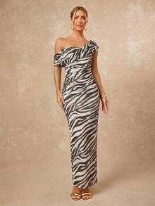 Lumalex White And Black Animal Print,Summer,Elegant Sexy,Party Date Night Night Women's Mesh One Shoulder Ruched Fitted Bodycon Dress For Beach Vacation - Coffee Brown - View 10
