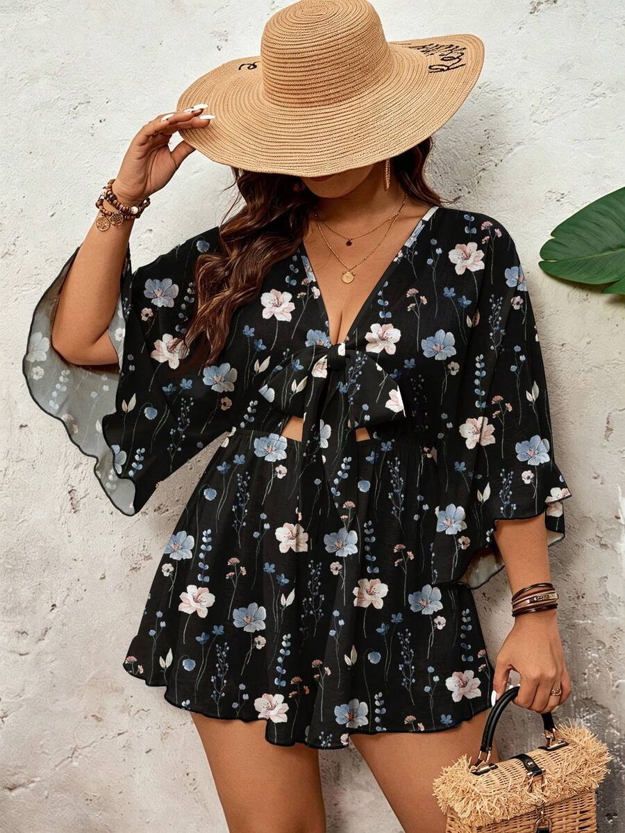 SHEIN VCAY 大码碎花休闲连体衣，适合夏季穿着 - 彩色 - 查看 1