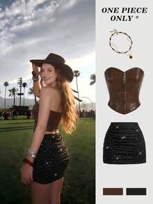 SHEIN MOD 女士两件套亮面褶皱半身裙，时尚派对装扮 - 黑與白 - 查看 2