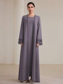 Graceveil 2pcs Set Gaun Panjang Tradisional Wanita & Mantel Abaya Sopan - Mauve Purple - View 7