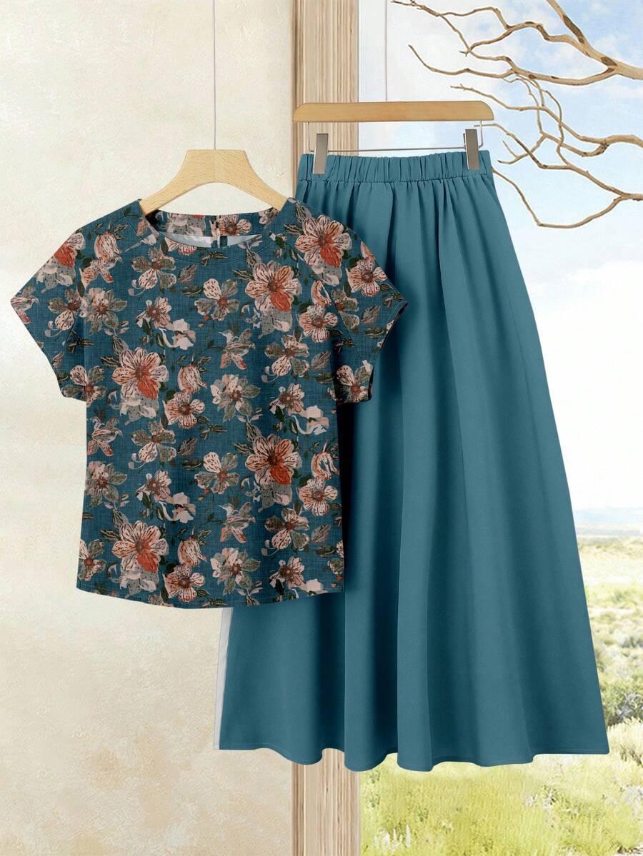 Rusticease 女士度假休闲纯色上衣+印花半裙套装（2件套），女士夏季服装，夏季半裙套装，半裙上衣套装，女士半裙上衣套装，印花半裙套装 - 藍色 - 查看 1