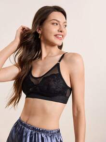 Áo ngực ren hở lưng gợi cảm kiểu Pháp, thiết kế lưới xuyên thấu, dây đeo có thể điều chỉnh, đồ lót nữ. - màu đen - Xem 6