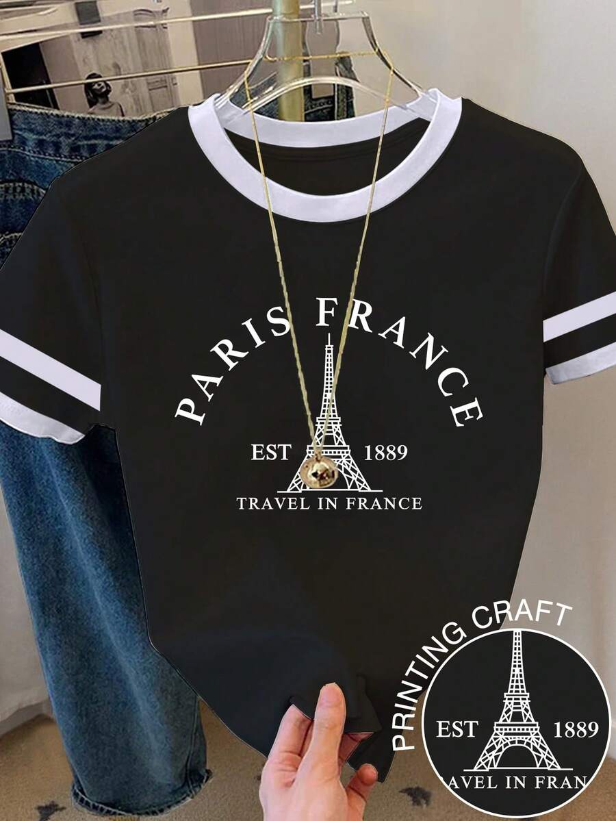 Franclia 女士撞色字母印花短袖休闲圆领T恤 - 黑色 - 查看 1