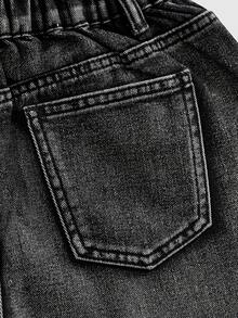 ROMWE MEN Street Life 青少年男童口袋纽扣字母水钻图案休闲百搭日常牛仔短裤 - 黑色 - 查看 5