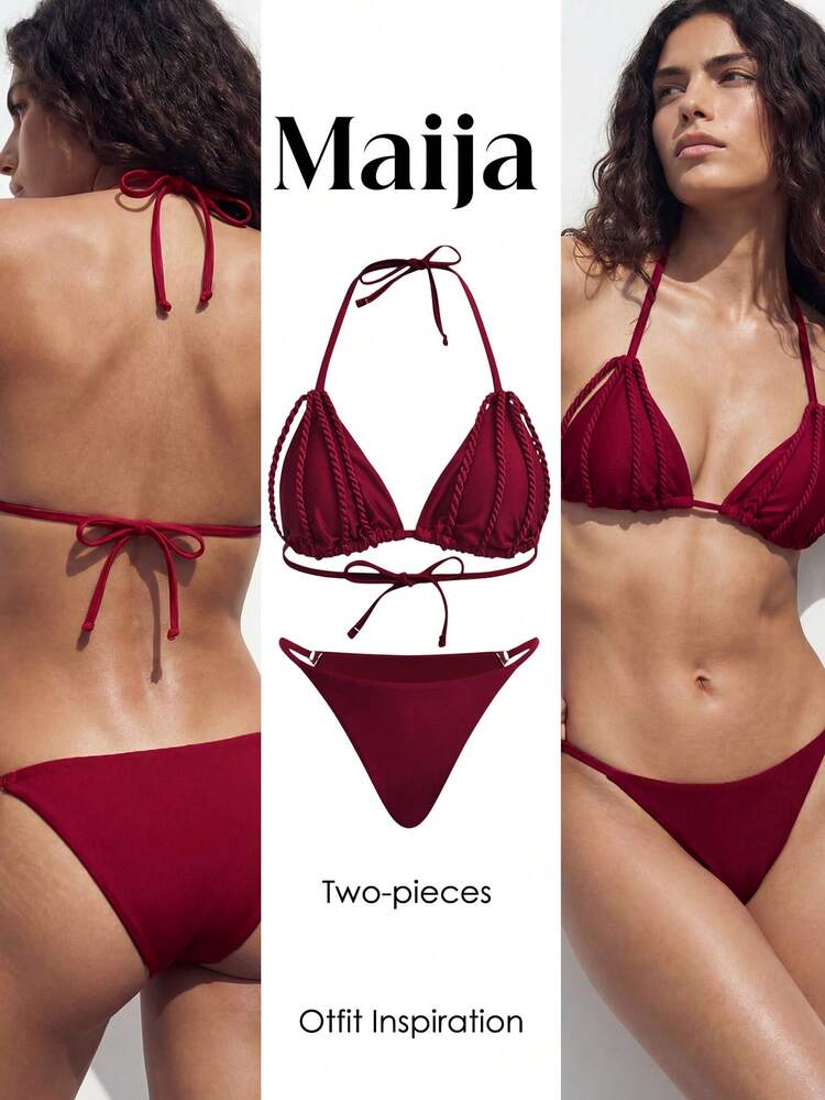 SHEIN Maija Women's Summer Beach Solid Color Halter Tie Sexy Bikini And Triangle Panty Swimwear Set Vacation Bathing Suit