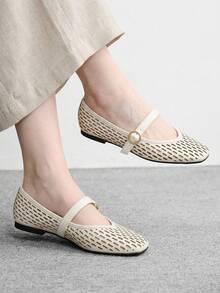 CUCCOO BIZCHIC Spring And Summer Beige Laser Hollow Square Toe Word Belt Comfortable Soft Simple Commuter Women's Flat Shoes - Chantilly - View 1