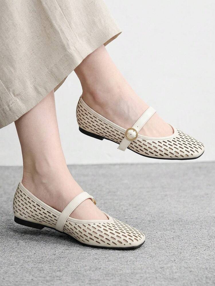 CUCCOO BIZCHIC Spring And Summer Beige Laser Hollow Square Toe Word Belt Comfortable Soft Simple Commuter Women's Flat Shoes