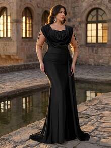 Aureia Plus Size Elegant Black Formal Evening Dress For Spring Luxurious Sequin Applique Satin Plunging Draped Neck 3/4 Sleeve Ruched Mermaid Hem Gown - Black - View 9