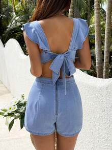 Rivivi Mono vaquero de mujer con cuello redondo, bajo con volantes y lazo en la espalda - Azul - Ver 2