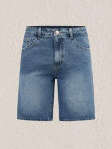 Mercer Haus Men Slant Pocket Bermuda Denim Shorts Jorts - Medium Wash - View 1