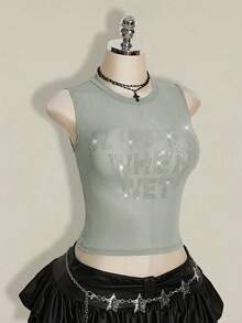SHEIN ICON 加大码 Y2k 夏季黑色网纱透视性感水钻亮片女士水钻字母网纱露背紧身吊带背心 - 灰色 - 查看 6