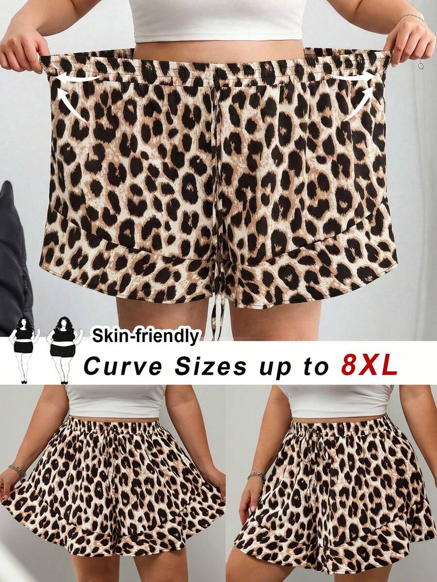 SHEIN CURVE+ 大码女式豹纹A字荷叶边休闲度假短裤，略微透视