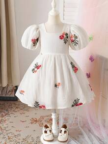 SHEIN 小女孩连衣裙，饰有大蝴蝶结，优雅气质，淑女风薄纱 - 杏色 - 查看 6