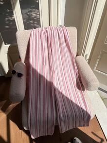 SHEIN PETITE CURVE Quần ống rộng kẻ sọc hồng dành cho nữ cỡ lớn, thích hợp mặc đi nghỉ mát. - Hồng - Xem 2