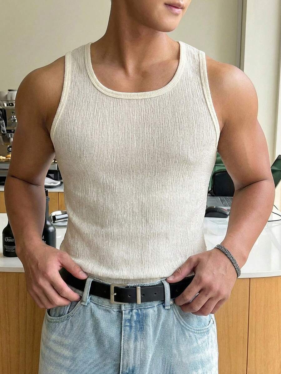 DAZY 男士休闲基础款纯色背心 - 杏色 - 查看 1
