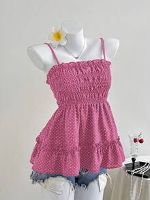 Elamini Áo hai dây mỏng chấm bi mùa hè kiểu dáng thường ngày với viền bèo nhún. - Hồng - Xem 5