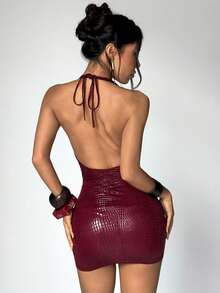 EgrlEra Đầm ngắn gợi cảm cổ chữ V sâu, đính kim loại, thiết kế hở lưng, dây đeo, chất liệu da dành cho nữ. - Đỏ - Xem 2