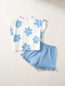 Maija Kids Maija Kids 两件套儿童/女童优雅休闲校园风宽松舒适蓝色花卉印花翻领无袖上衣和裤子套装，适合日常穿着、返校、外出、运动、春夏季节。 - 藍白色 - 查看 3