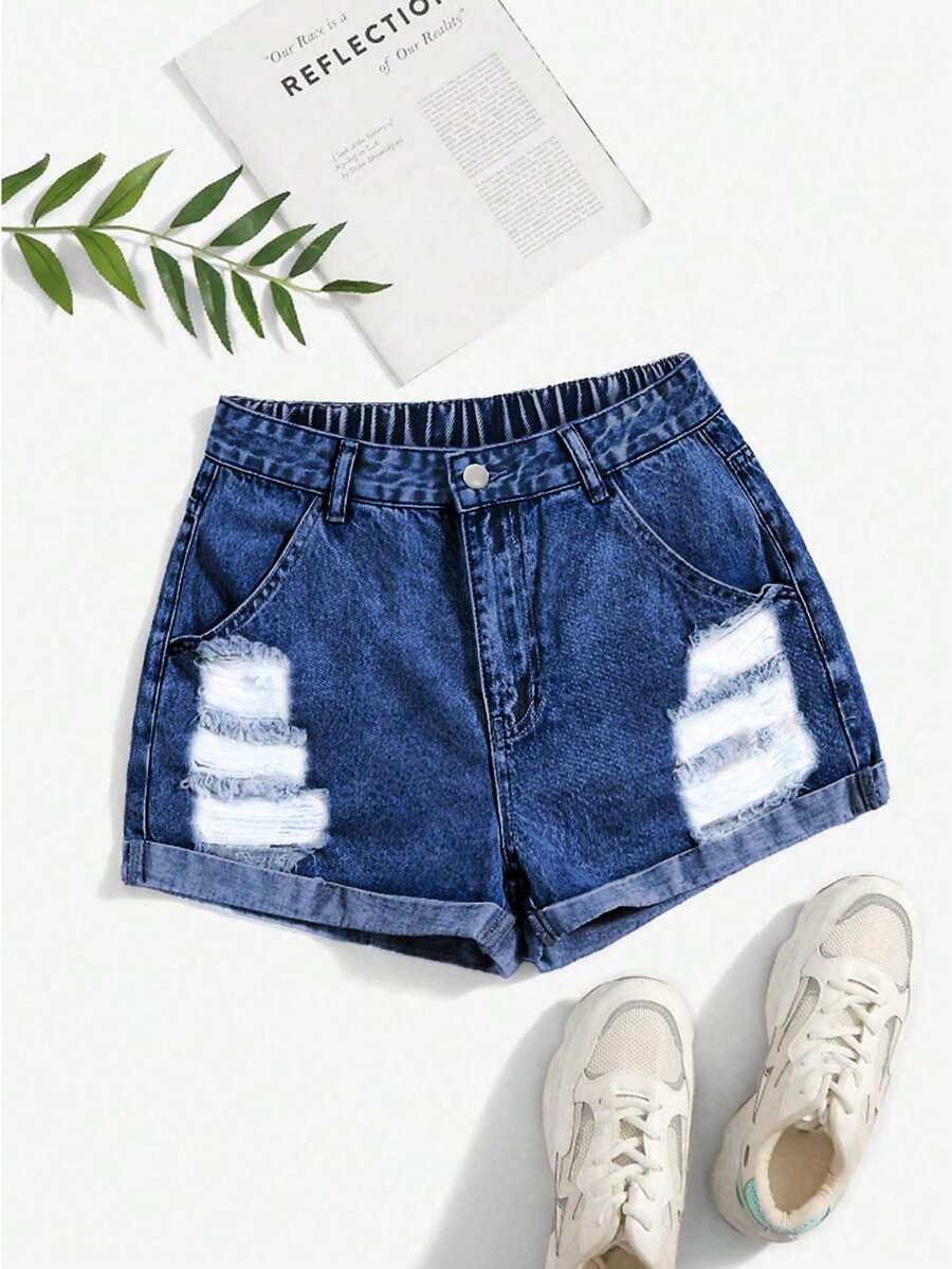 SHEIN Holidaya Shorts vaqueros casuales de talla grande para mujer con cremallera, botón, bolsillos y efecto desgastado - Azul lavado oscuro - Ver 1