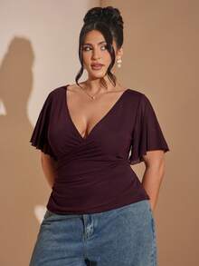 SHEIN BAE Große Größen V-Ausschnitt Kreuz-Design elegantes Sommer Mesh Top für Frauen, geraffte Taille Kurven Lässig für Date Night, Party, Urlaub, Y2k - Rot-violett - Übersicht 9