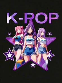 6件套少女休闲时尚创意个性清新可爱虚拟少女组合彩色五角星格子扎染标语印花上衣和短裤套装，黑色/粉色/紫色，舒适日常穿着，温暖夏日风格，适合春夏穿着 - 彩色 - 查看 5