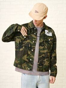 Zalmeno Manfinity EMRG 男士长袖学院风都市街头时尚迷彩宽松牛仔夹克，秋季款 - 軍綠色 - 查看 4