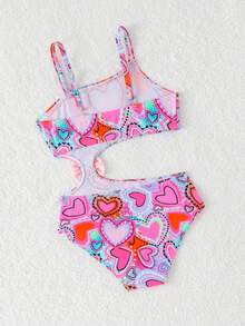SHEIN 可爱爱心印花女童连体泳衣，带蝴蝶结（随机印花） - 彩色 - 查看 2