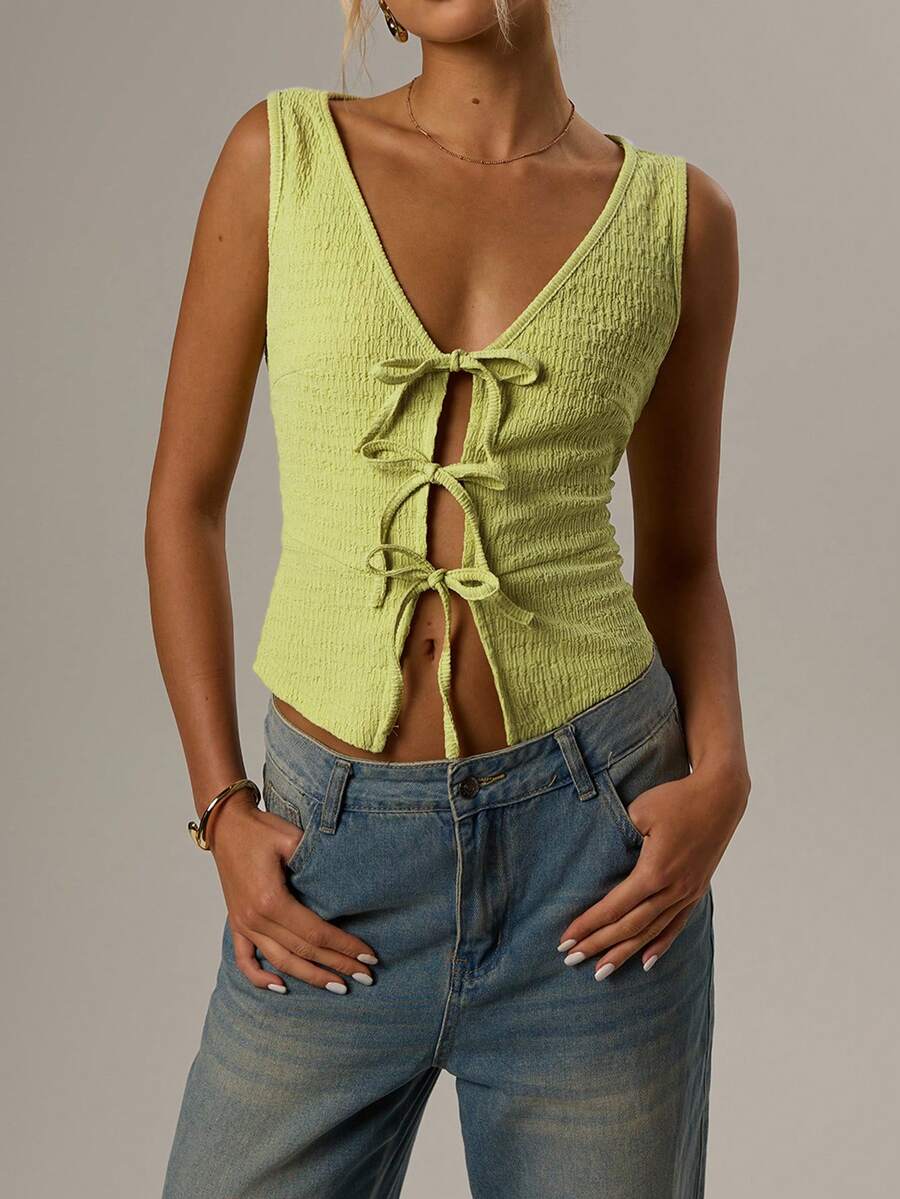 Forever 21 Débardeur casual femme de couleur unie texturé à lacets - Vert - Voir 1