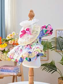 PETSIN 1 pieza Ropa universal para gato y perro, Vestido de mascota con volantes florales lindos, con lazo de mariposa y mangas abullonadas, Vestido de perro pequeño estilo princesa - Flor rota - Ver 9