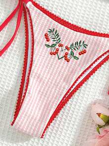 Swim Mod Halter Tie Soft Fabric Cherry Print 2 Pieces Bikini Swimwear Set - Multicolor - View 5