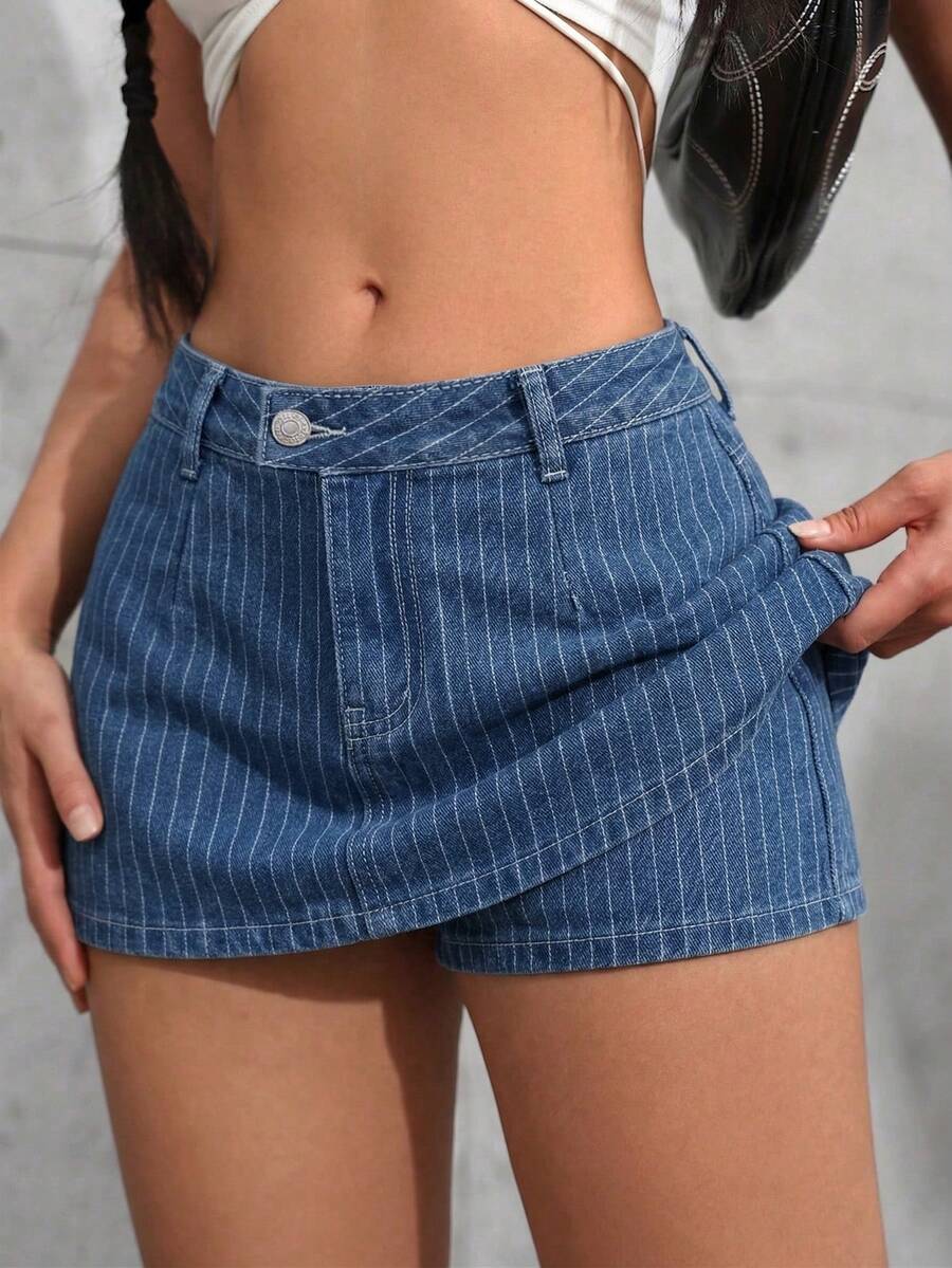 SHEIN ICON Chân váy ngắn denim nữ với họa tiết kẻ sọc tinh tế - Rửa trung bình - Xem 1