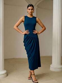 ZEYLAH FASHIONABLE CREW NECK SLEEVELESS DRAPED PLEATED KNIT DRESS, SPRING/SUMMER - Teal Blue - View 4