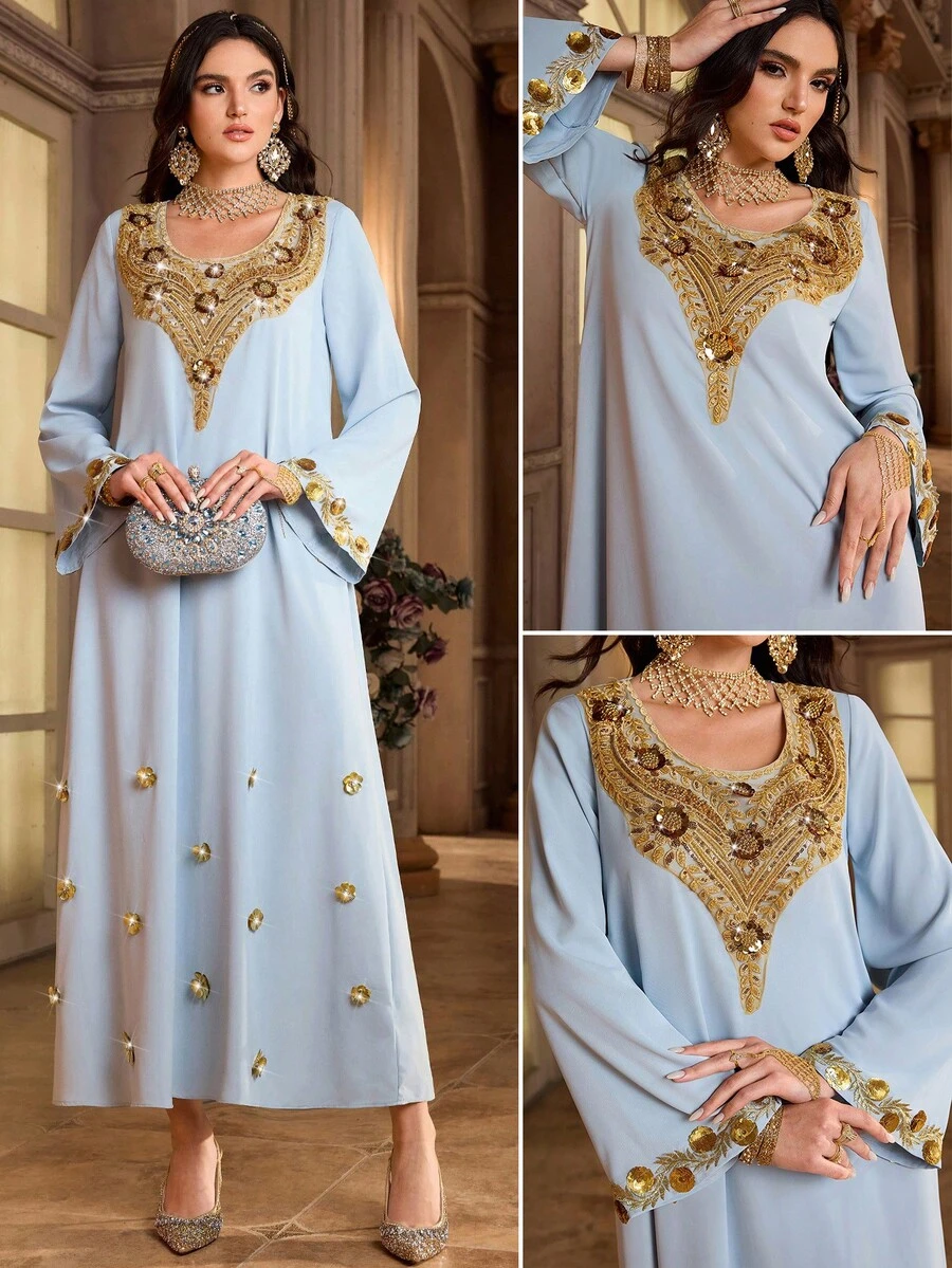 Al Najma 女士花卉亮片装饰圆领长袖优雅阿拉伯风格连衣裙