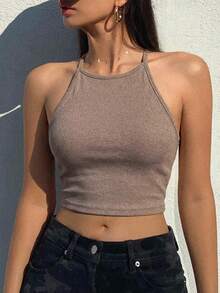 DAZY Casual Solid Color Cropped Halter Top, Summer - Khaki - View 2
