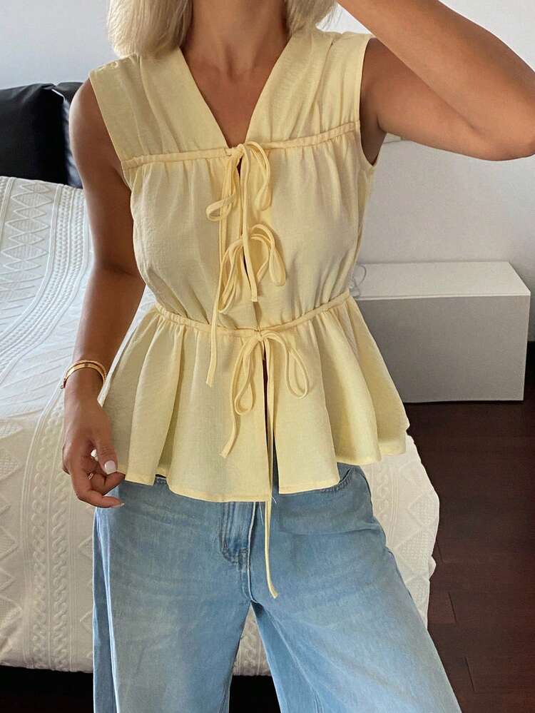 Women's Solid Color Gathered Tie-Front V-Neck Casual Vacation Summer Blouse