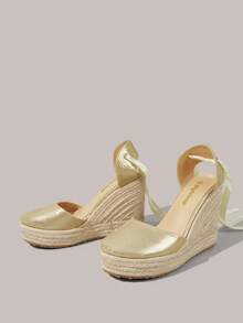 Styleloop Giày nữ, màu vàng, giày rơm dây gai, sandal đế xuồng, giày bohemian giúp tăng chiều cao cho kỳ nghỉ. - Vàng - Xem 2