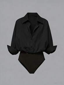 Airaco Casual Loose Open Front Printed Long Sleeve Shirt Bodysuit For Women - Black - View 1